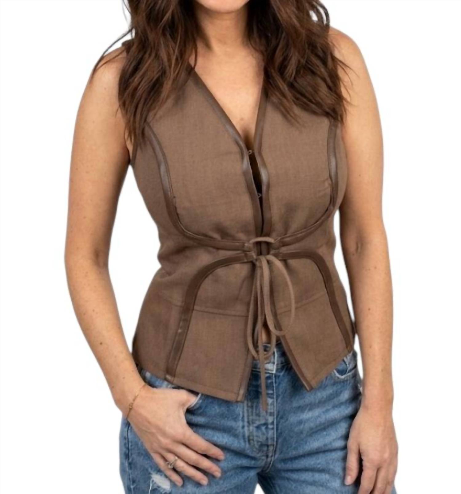 Edit By Nine - V Neck Faux Leather Top