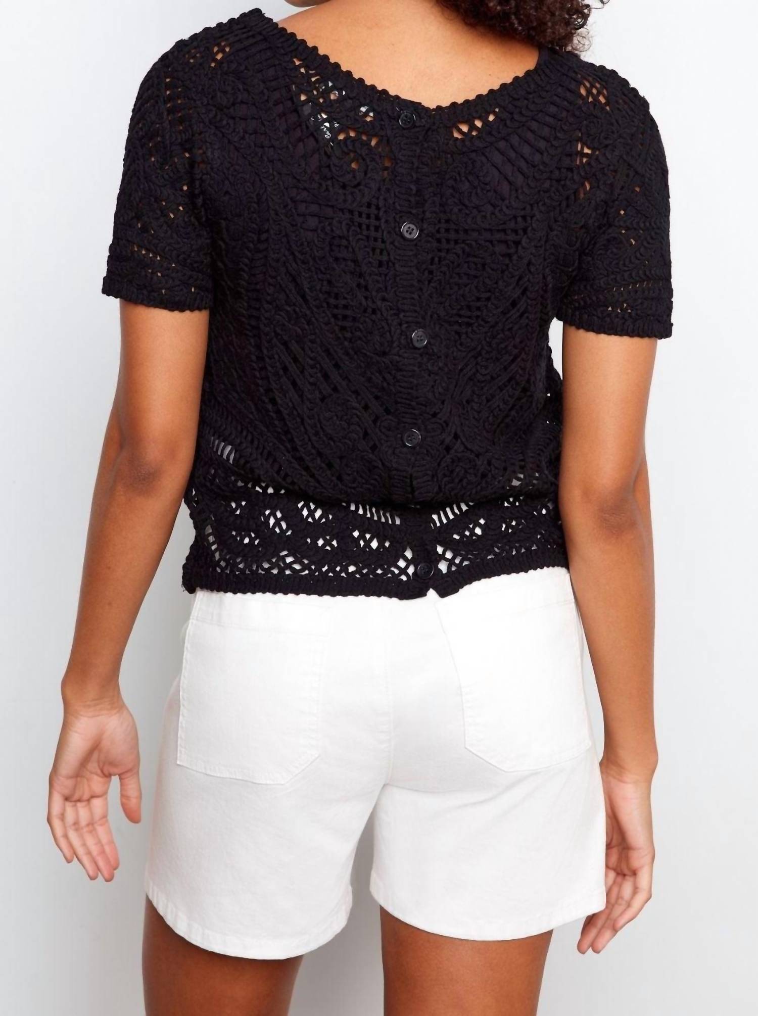 CHARLIE B Reversible Short Sleeve Crochet Top in black - women's blouse - view 4