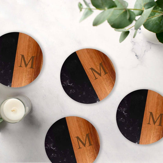 Creative Gifts International - Set Of 4 Marble and Acacia Wood Round Coasters