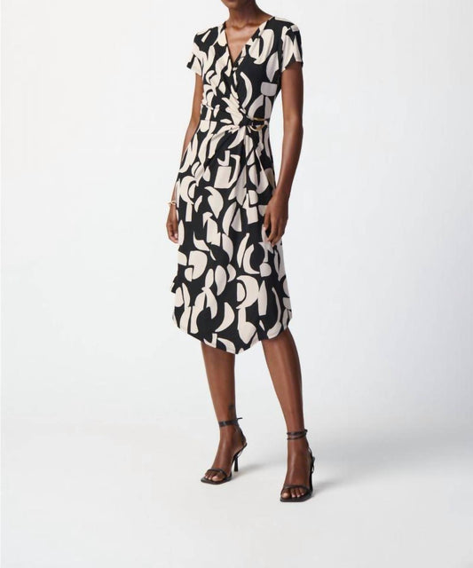 Joseph Ribkoff - Geometric Print Asymmetric Faux Wrap Dress