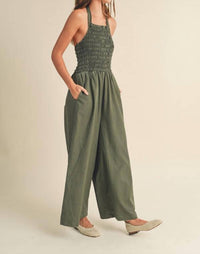 Miou Muse - Smocked Halter Jumpsuit