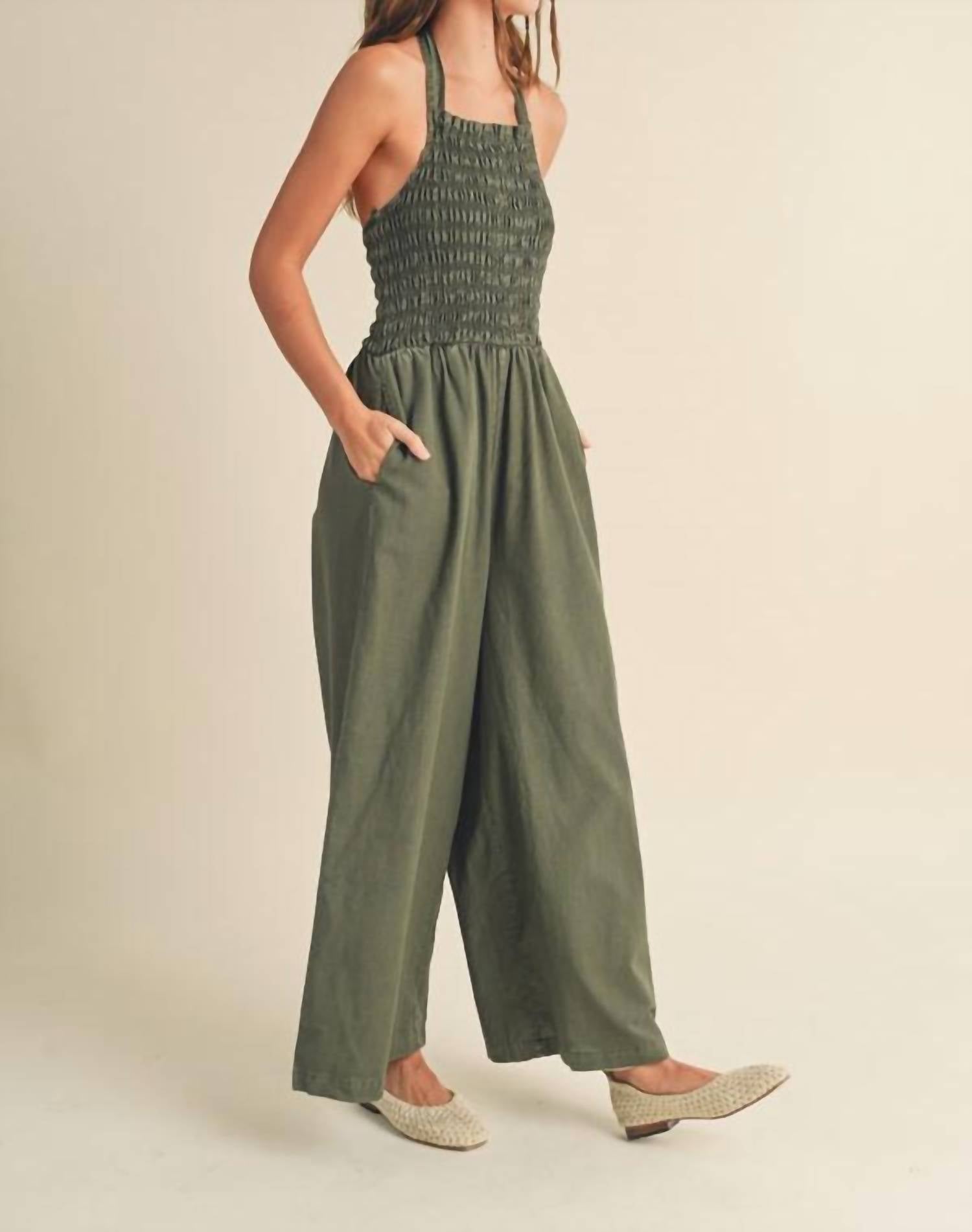 Miou Muse - Smocked Halter Jumpsuit