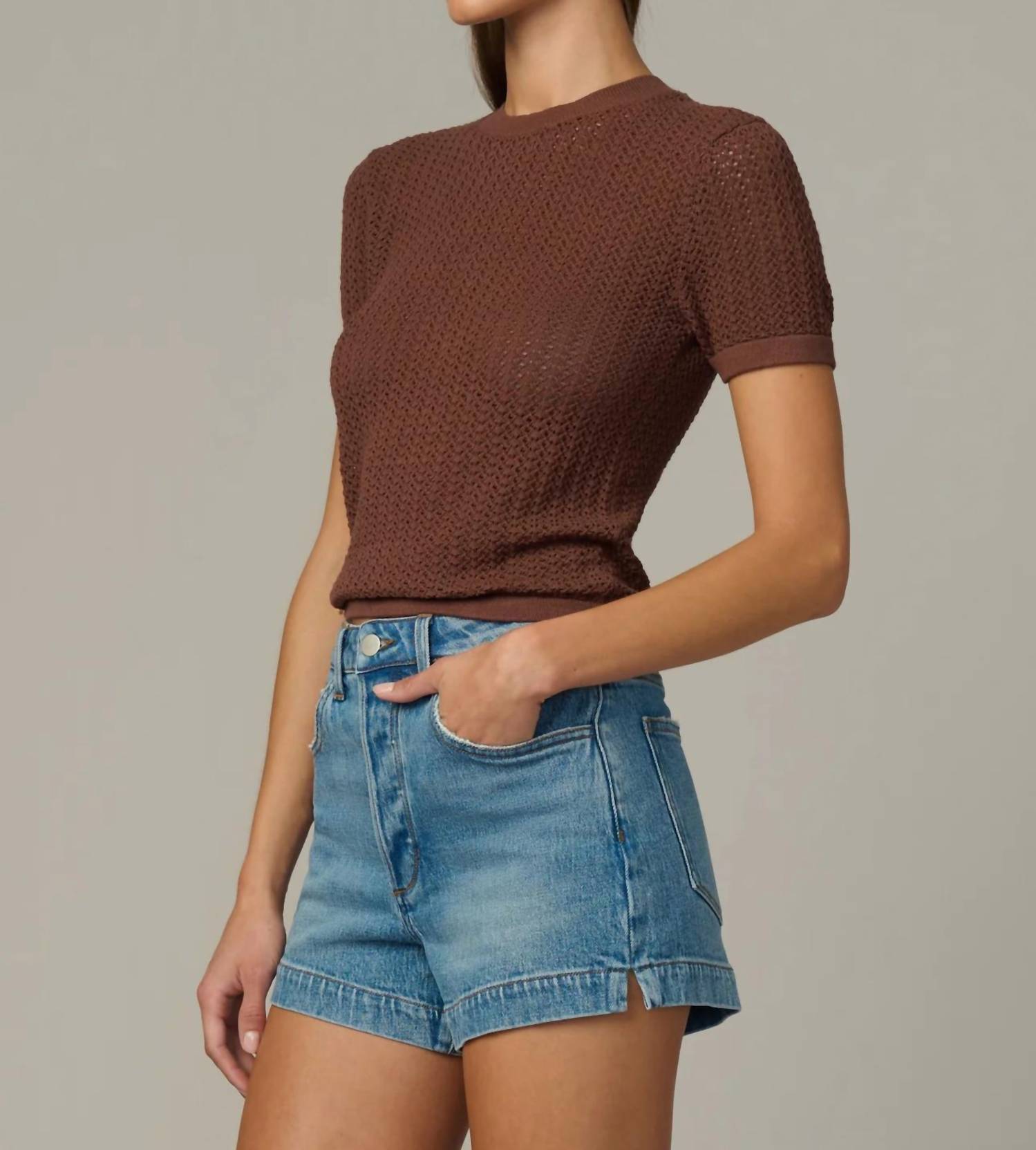 Joe's Jeans The Crochet Baby Tee in chocolate - women's shirt - detail view