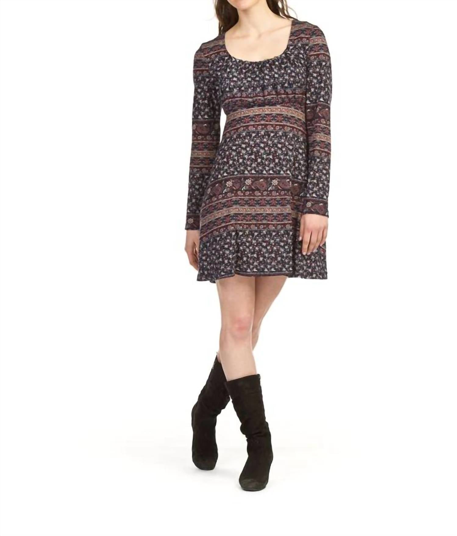 Papillon - Floral Print Long Sleeve Ruched Bust Sweater Dress