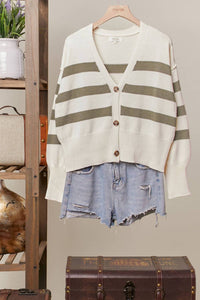 Mello Women's Striped V-neck Knit Cardigan in ivory - women's cardigan