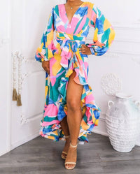 Surelymine - Color Splash Ruffle Wrap Maxi Dress with Balloon Sleeves