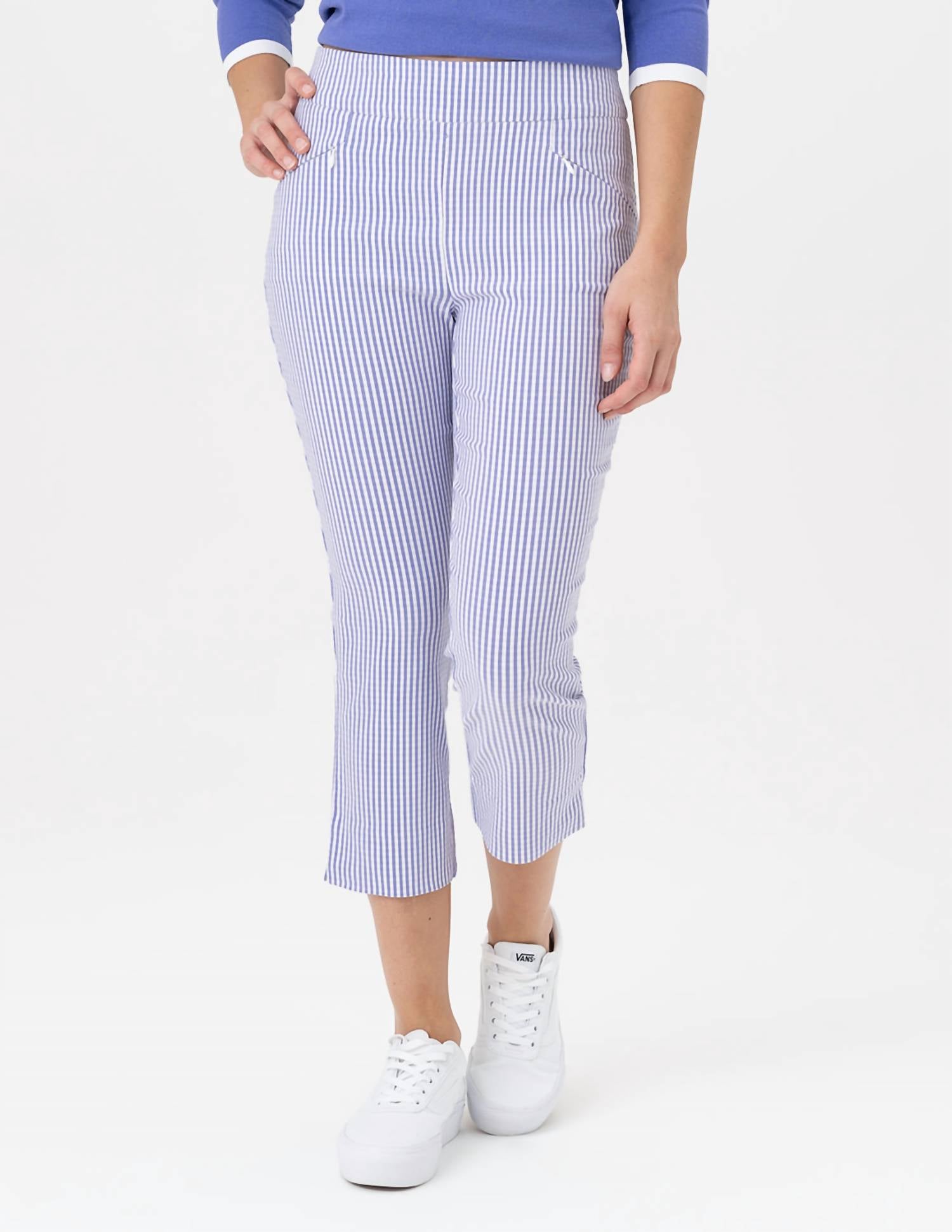Renuar - Pull-on Capri Pant in Periwinkle Pin Stripe