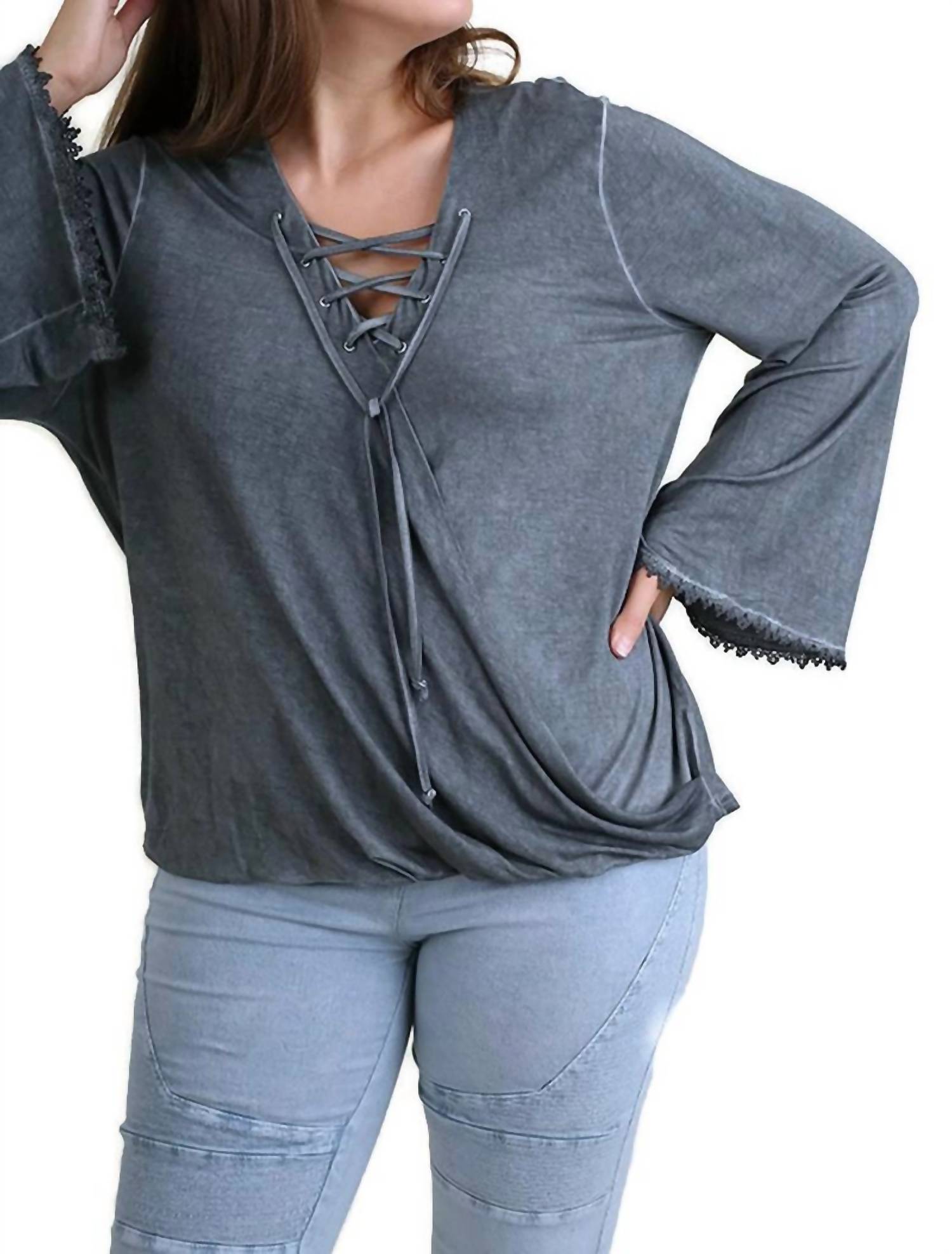 Umgee - Drawstring Neckline Bell Sleeve Top