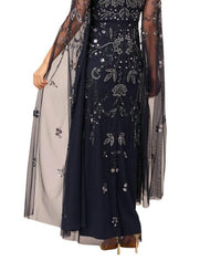 Adrianna Papell - Long Split Sleeves Beaded Embellished Maxi Dress