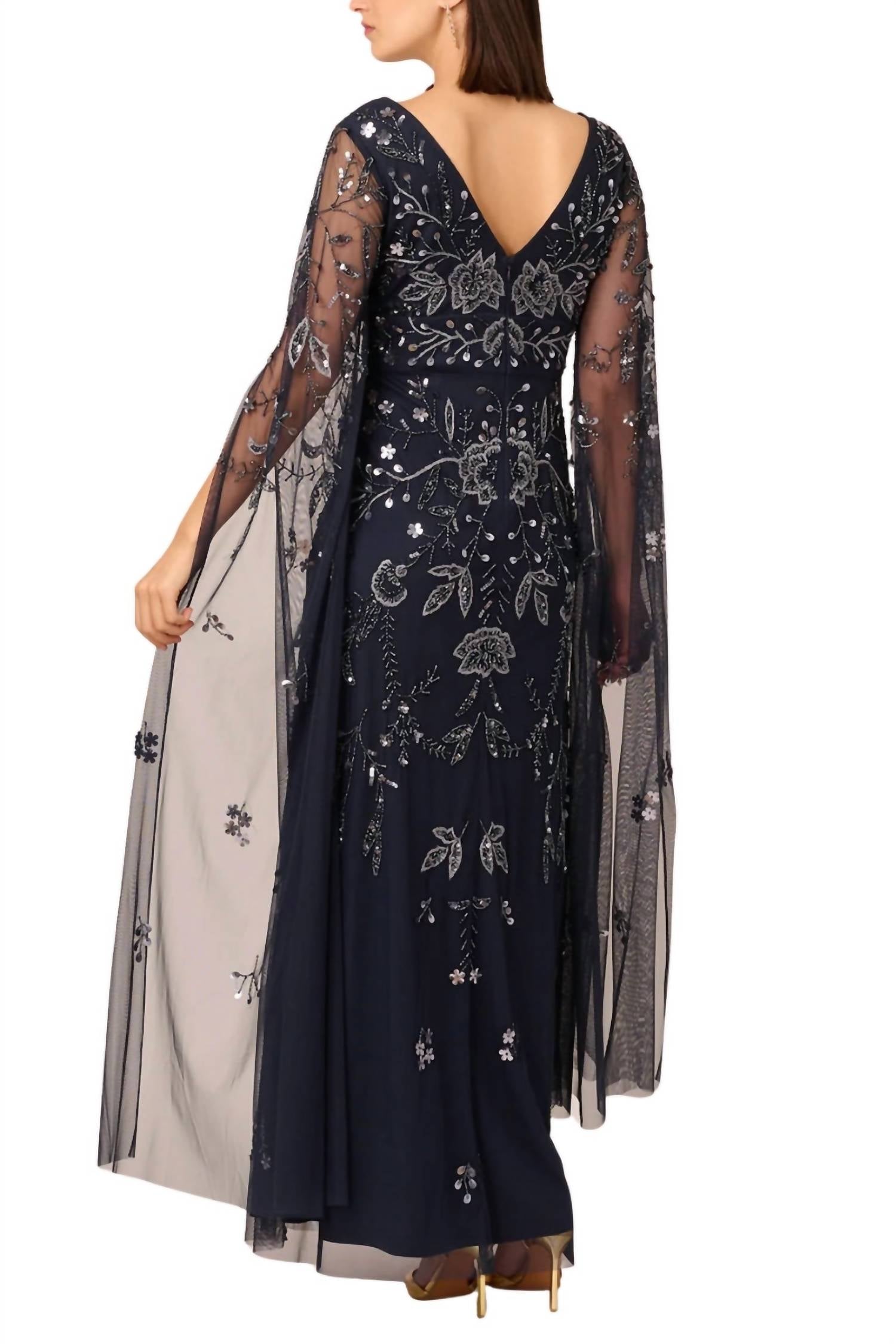 Adrianna Papell - Long Split Sleeves Beaded Embellished Maxi Dress