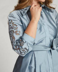Teri Jon - Taffeta Shirt Dress Gown with Eyelet Sleeve & Collar