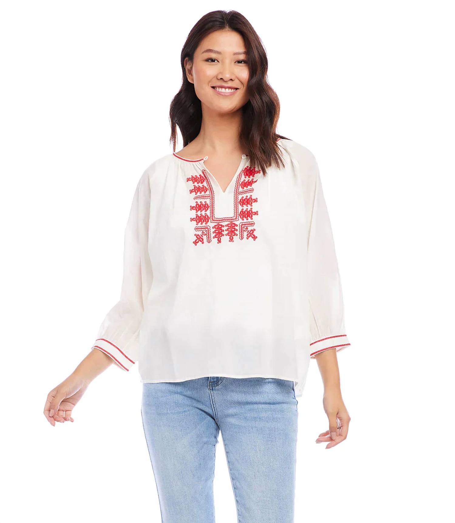 Karen Kane - Catrina Three-quarter Sleeve Embroidered Top