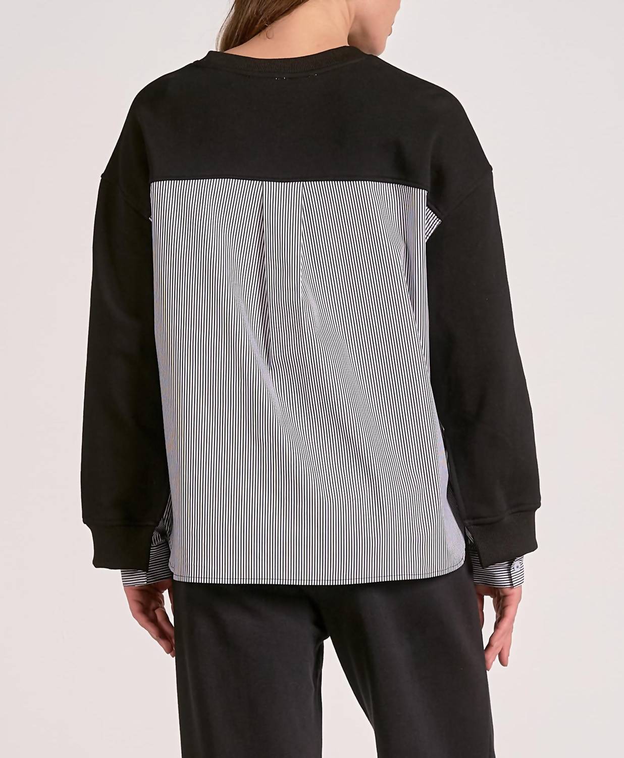 ELAN Layered Illusion Mixed Media Top in black - women's sweater - detail view