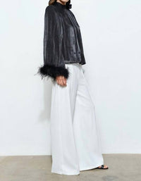 Skies Are Blue - Delphine Metallic Shimmer Bow Tie Feather Hem Blouse Top