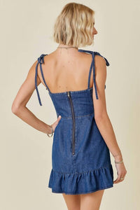 Day + Moon - Ruffle Hem Denim Dress With Shoulder Tie Straps