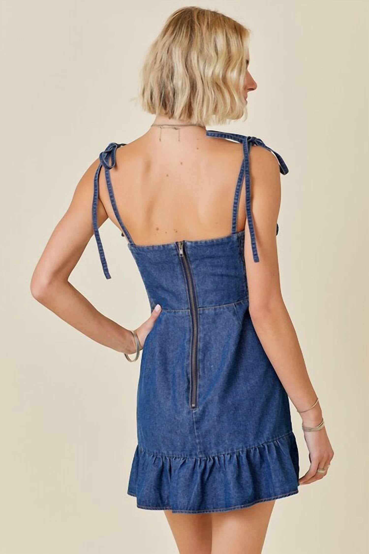 Day + Moon - Ruffle Hem Denim Dress With Shoulder Tie Straps