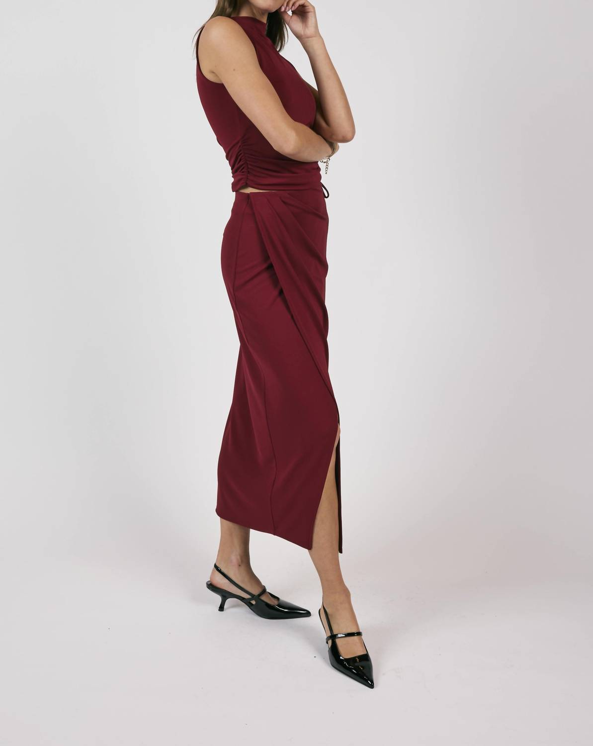 Sage The Label - Fiery Spirit Pleated Overlap Knit Midi Skirt