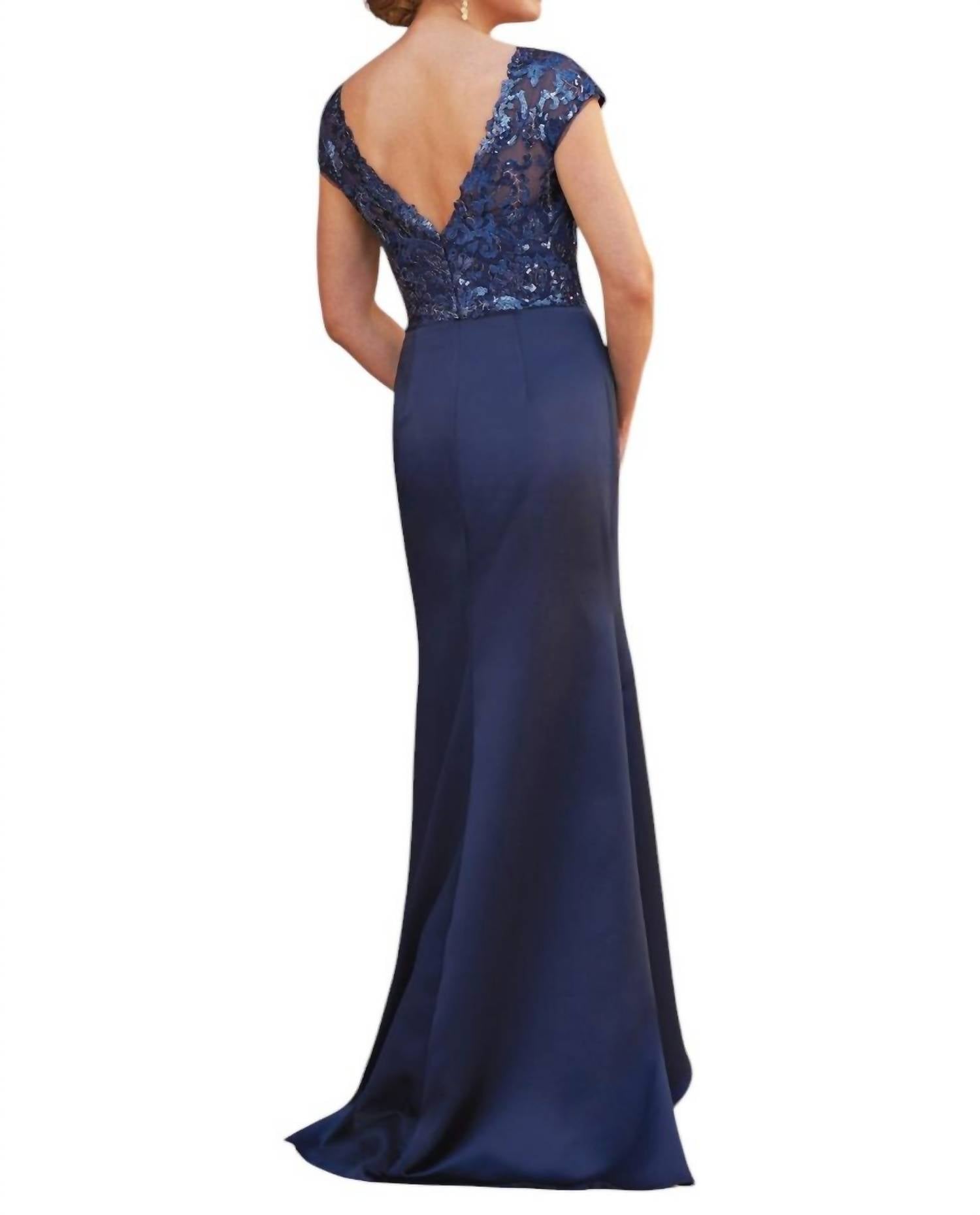 Jade Couture - V-neck Paillette Metallic Embroidery Lace & Marquis Satin MOB Dress