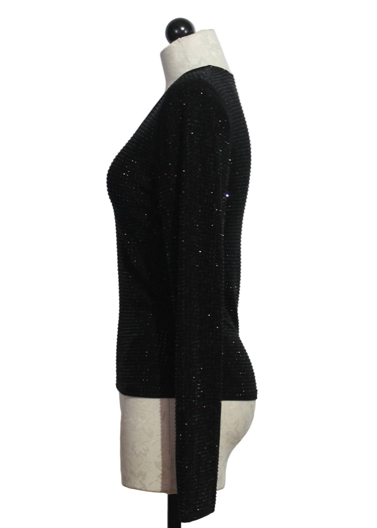 JESSIE LIU Women's Mariah Sequined V Neck Top in black - women's long sleeve top - detail view