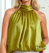 entro Carola Embellished Halter Top in martini olive - women's blouse