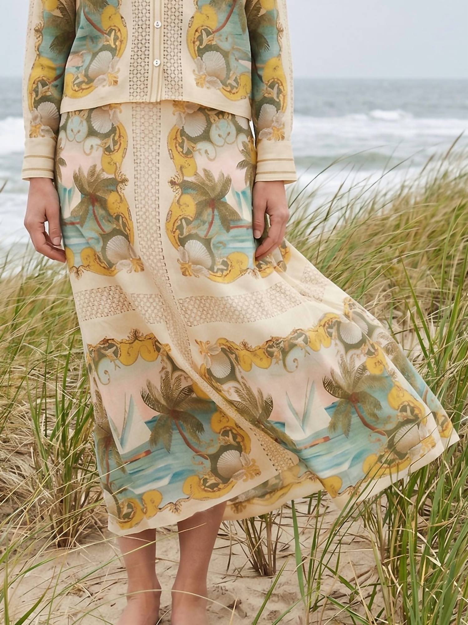 Farm Rio - Royal Sea Crochet Detail Midi skirt