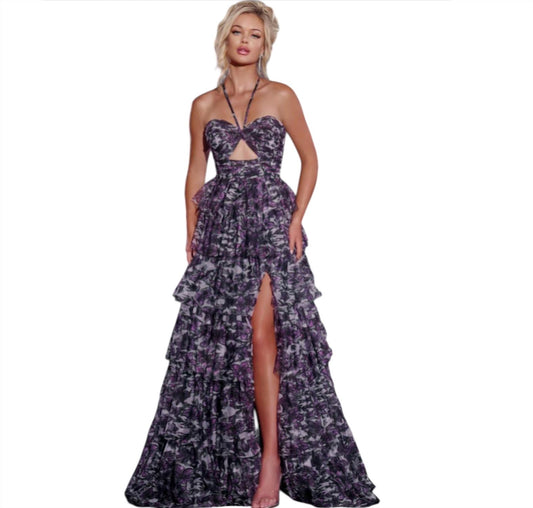 Jovani - Cut Out Floral Ruffle Ballgown