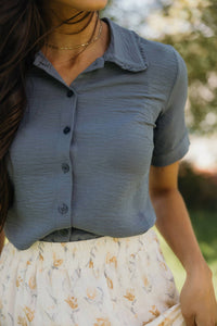 Mikarose Ruffled Collared Blouse in blue fog - women's blouse - detail view