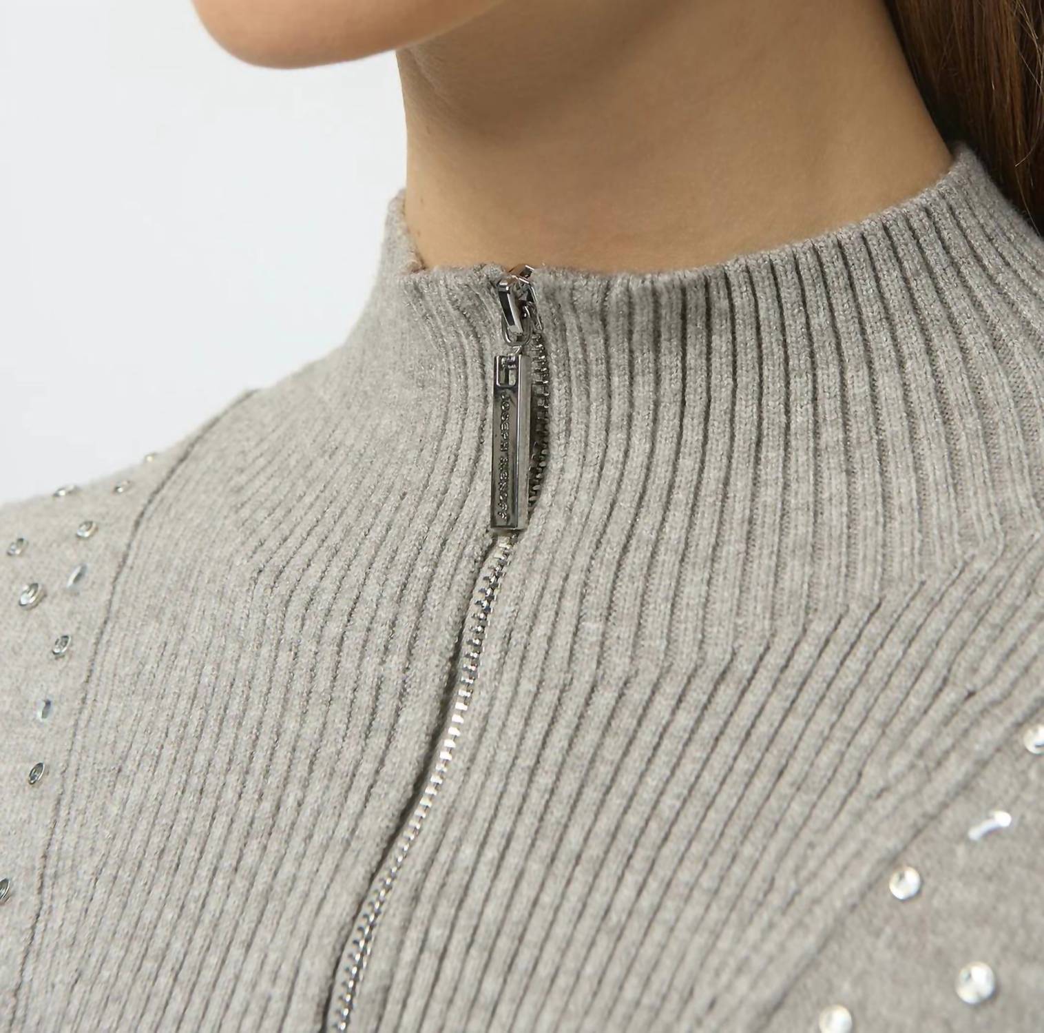 Joseph Ribkoff - Embellished Zipped Mockneck Pullover Sweater
