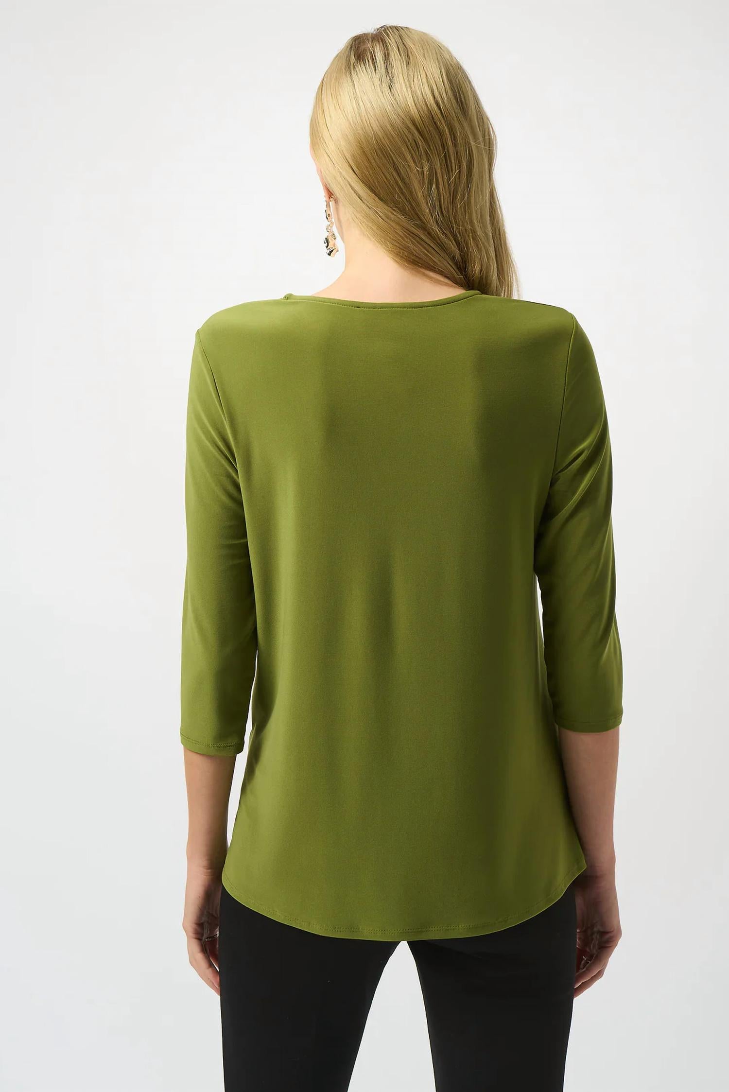 Joseph Ribkoff Asymmetrical Scoop Neck 3/4 Sleeves Tunic Top in artichoke - women's shirt - detail view