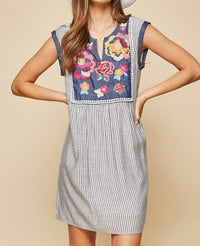 Andree By Unit - Floral Embroidered Stripe Dress