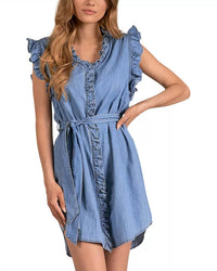 Elan - Belted Cotton Ruffle Trim Dress