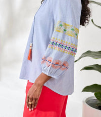 Tribal - Embroidered Balloon Sleeve Tassel Tie Notch Neck Blouse