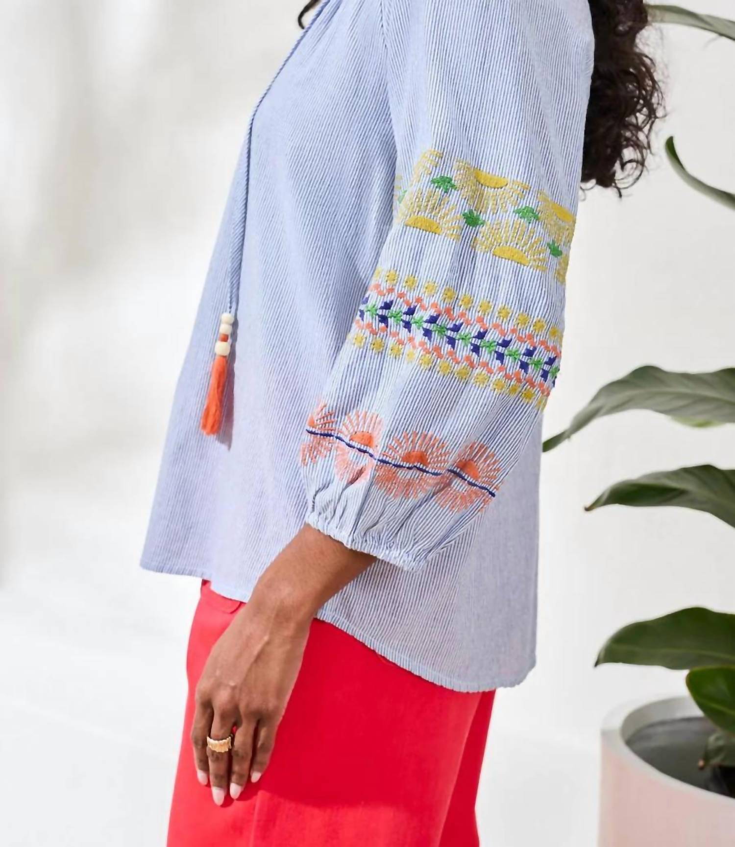 Tribal - Embroidered Balloon Sleeve Tassel Tie Notch Neck Blouse
