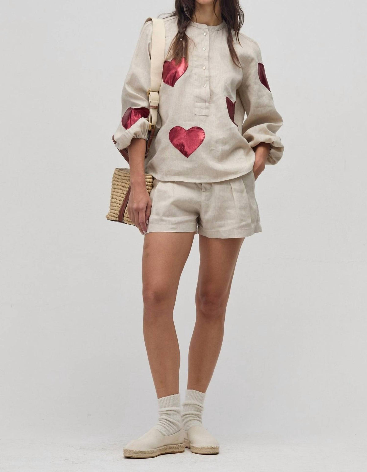 lanhtropy Cupid Linen Shirt in natural with metallic cherry - women's long sleeve top - detail view