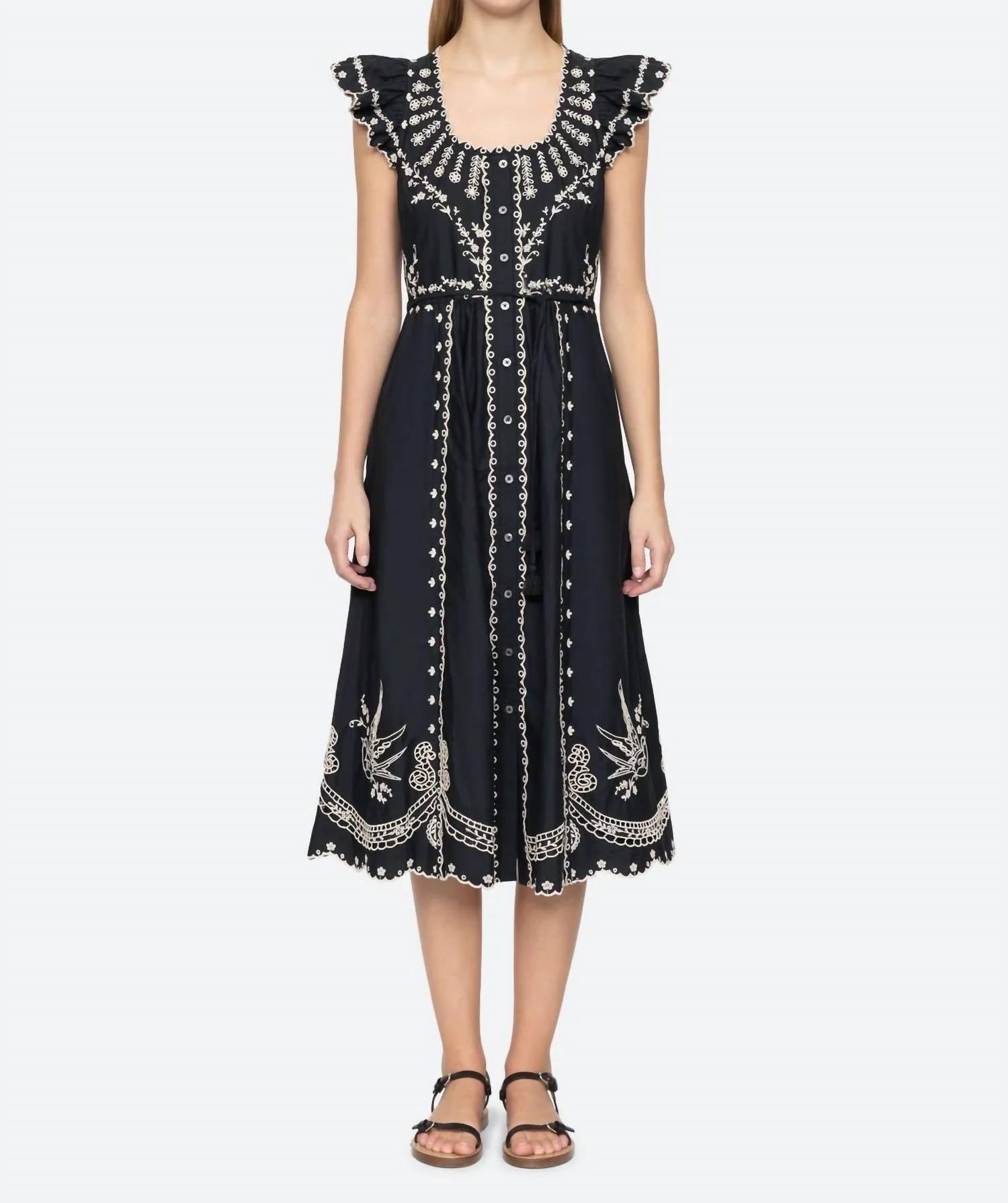 SEA Kingsley Embroidered Midi Dress in black - women's dress