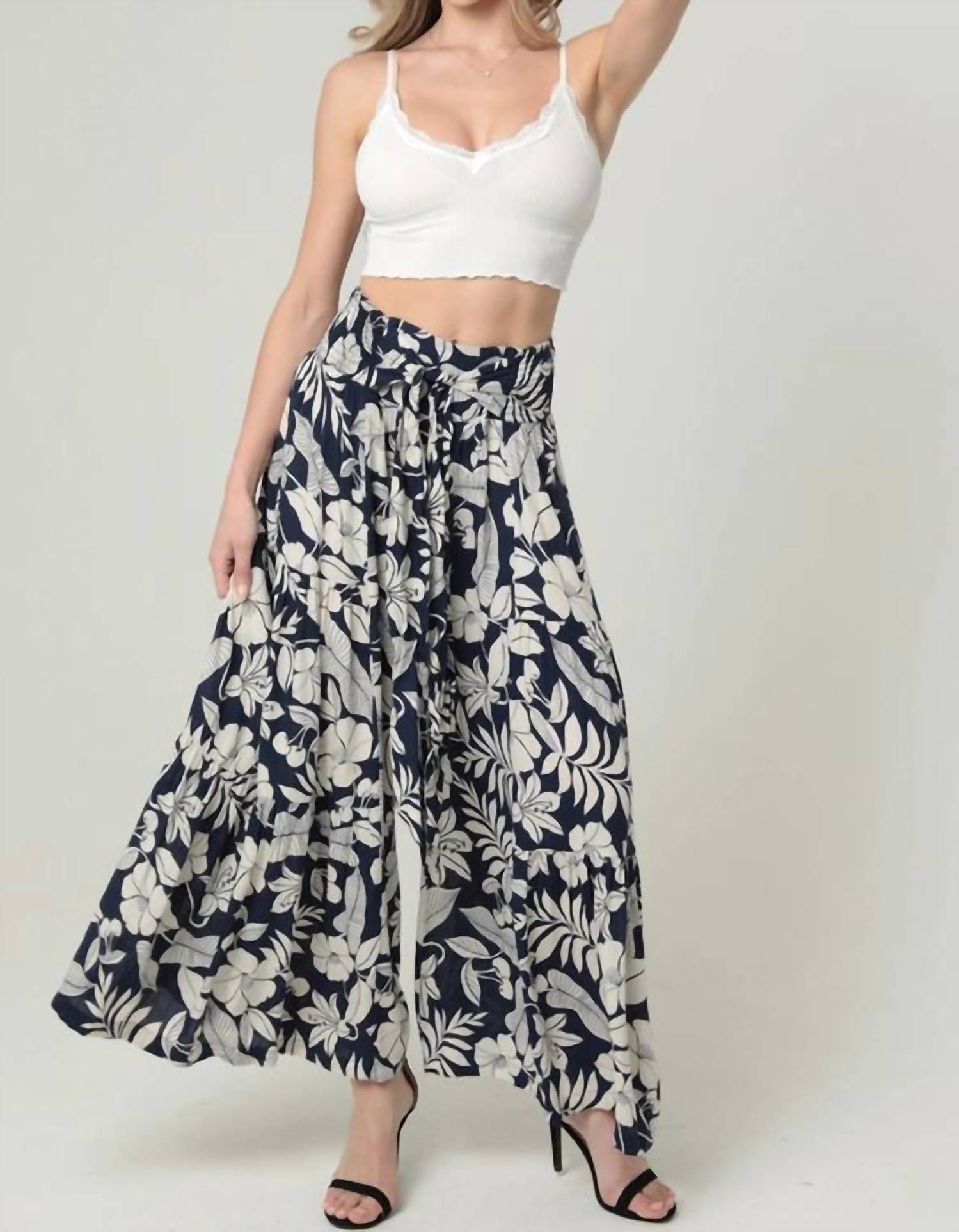 Angie - Floral Wide Leg With Waist Tie Pants