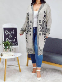 Davi & Dani - Snow Printed Long Sleeve Pockets Cardigan - Plus
