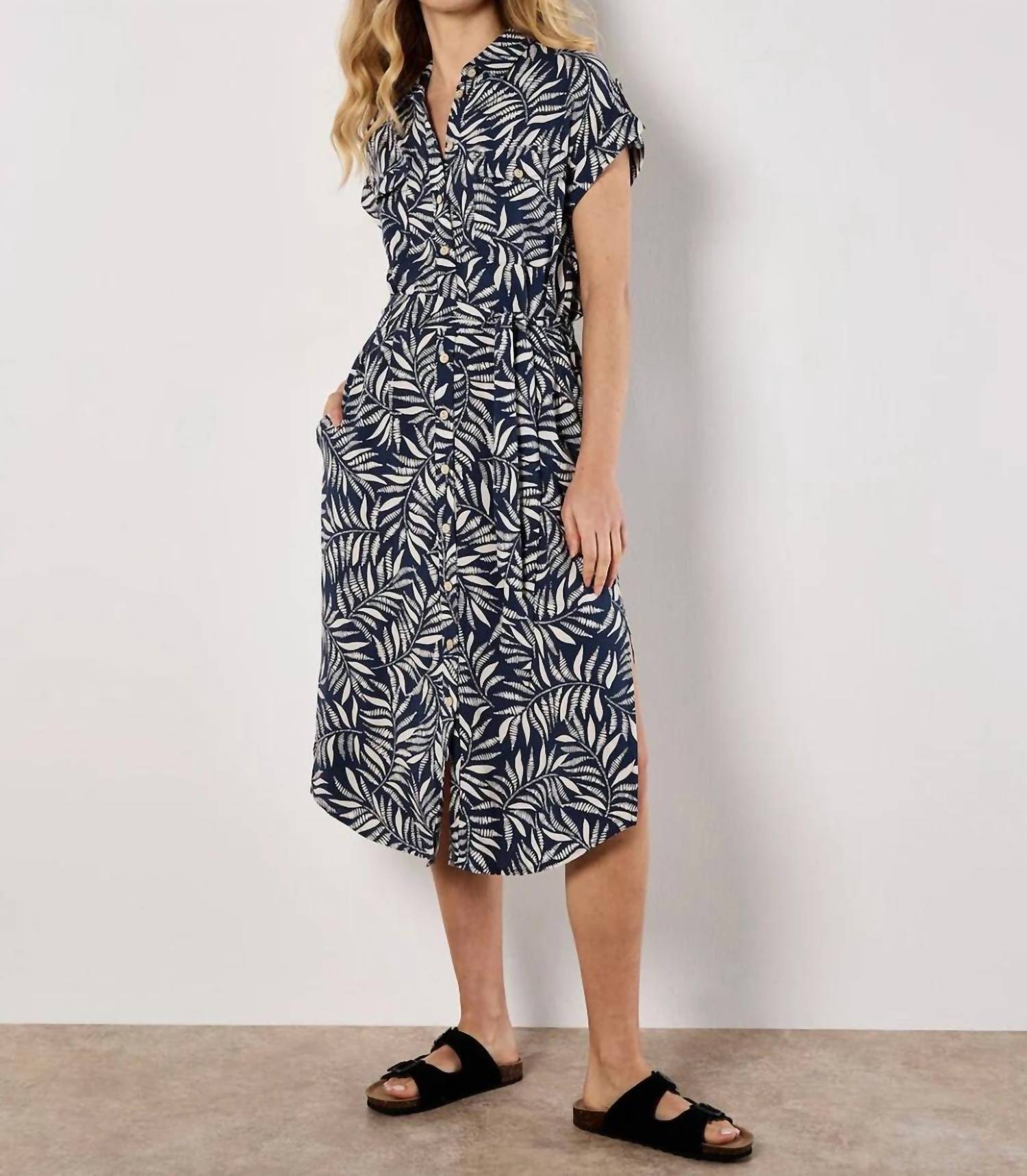 Apricot - Belted Leaf Print Midi Dress
