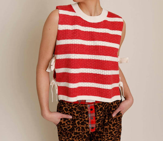 Bibi - Glamory Side-tie Striped Sweater Knit Top