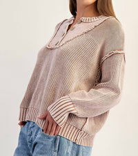 ee:some Half Button Front Long Sleeve Knit Pullover in washed walnut - women's long sleeve top - detail view