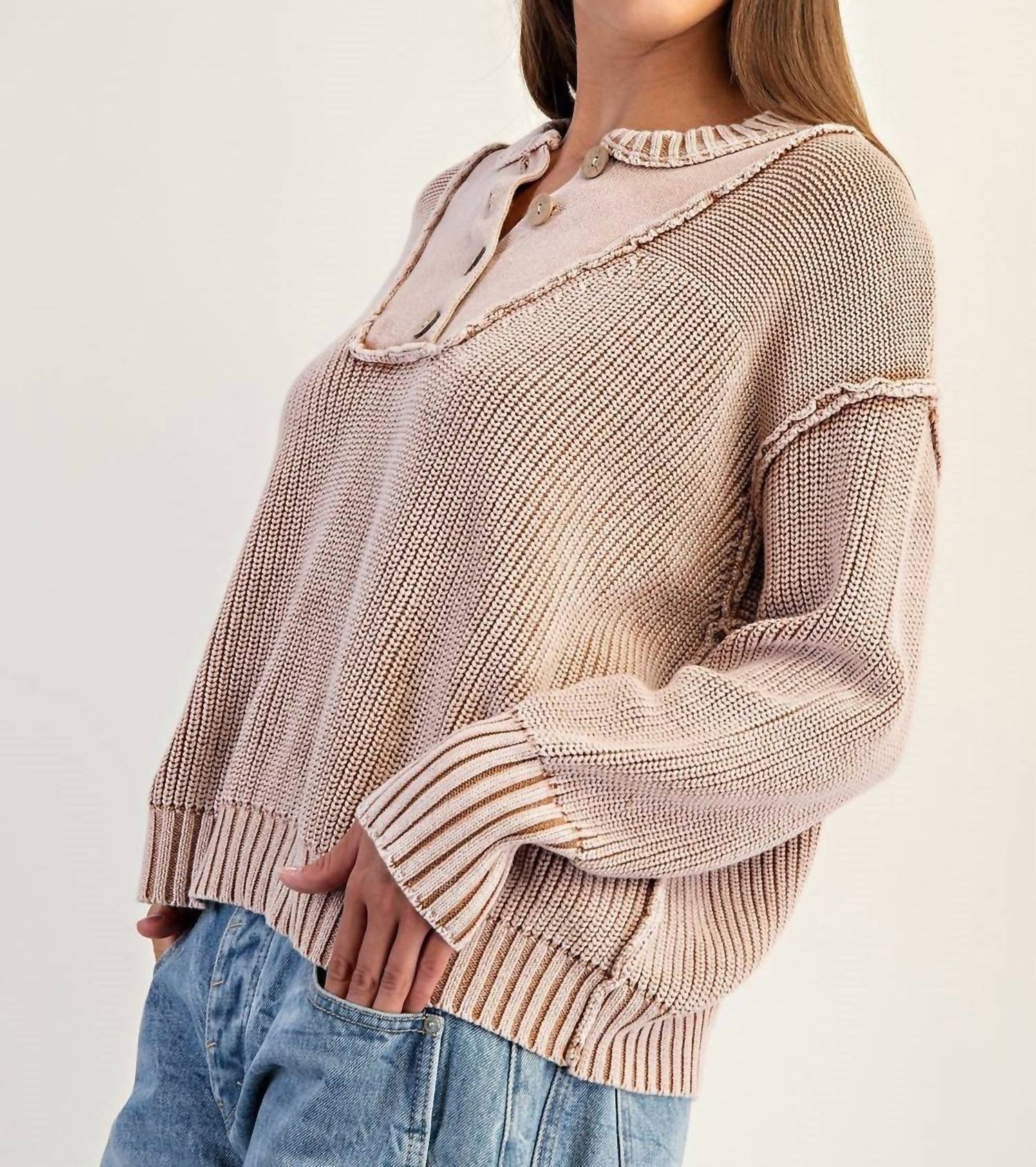 ee:some Half Button Front Long Sleeve Knit Pullover in washed walnut - women's long sleeve top - detail view
