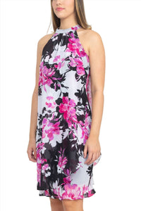 S.L. Fashions - Halter Neck Floral Print Overlay Chiffon Dress