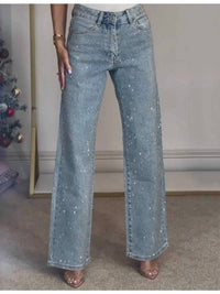 Sweetkama - Women's Rhinestone Button Front Straight Leg Pants
