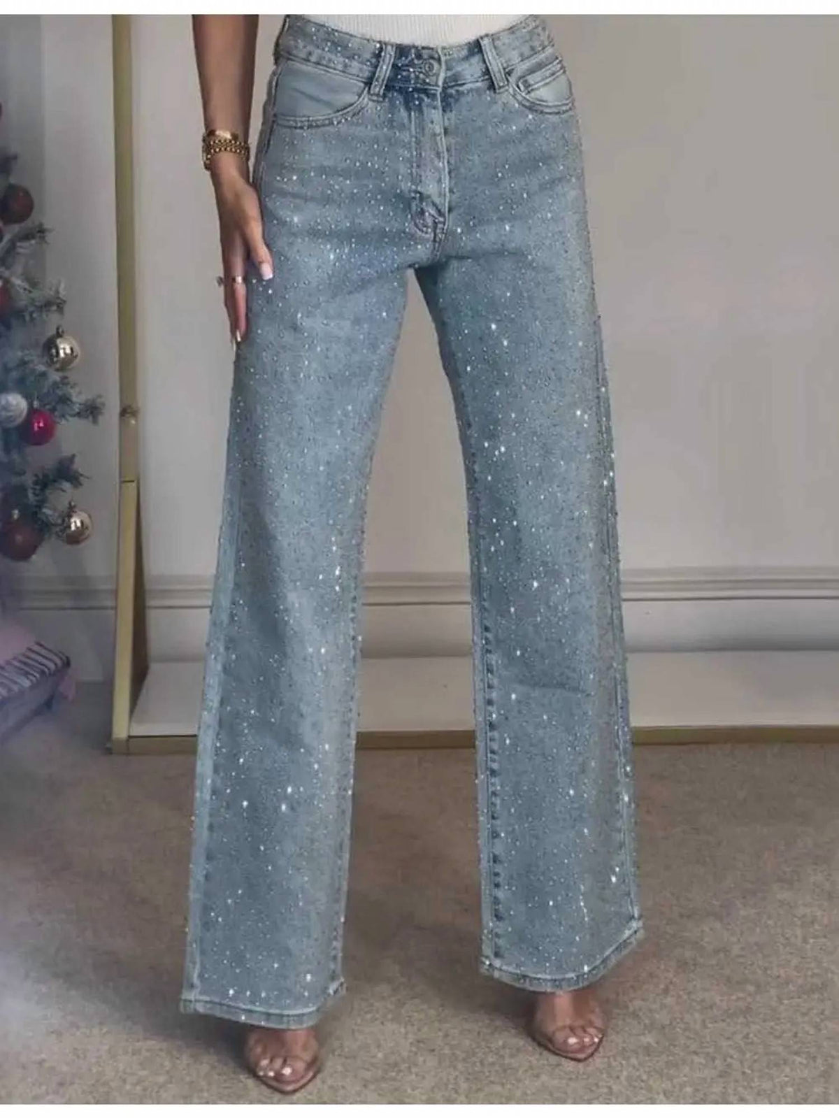 Sweetkama - Women's Rhinestone Button Front Straight Leg Pants