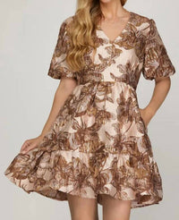 She + Sky - Short Puff Sleeve Jacquard V-neck Dress