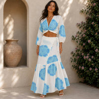 Mystery Resort - Azure Bloom Long Sleeve Maxi Skirt Set