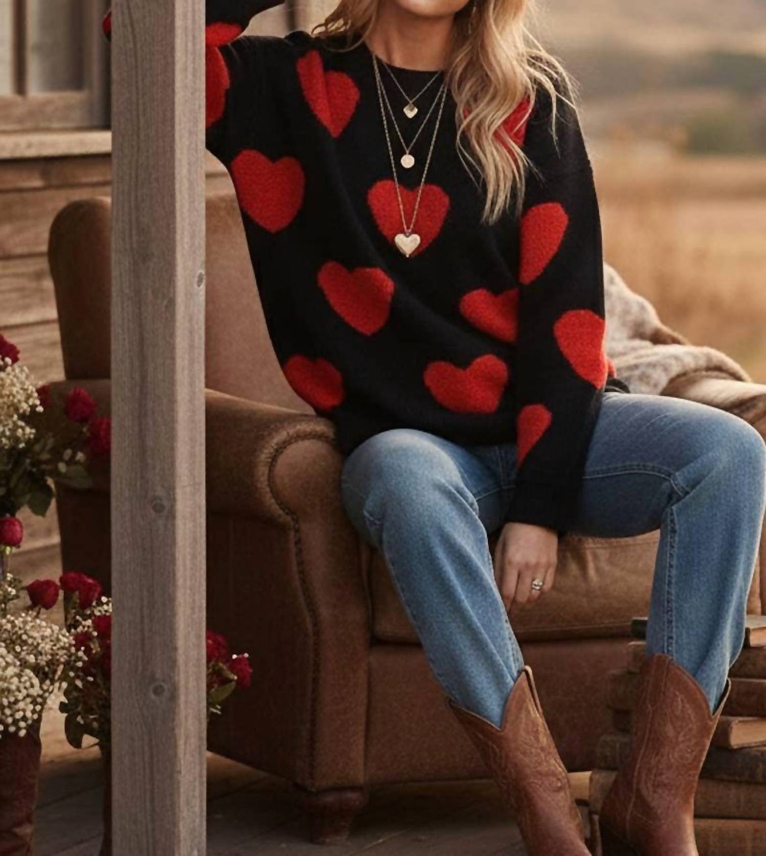 Sewn and Seen Oversized Valentine Side Slit Heart Sweater in black red - women's sweater - alternate view