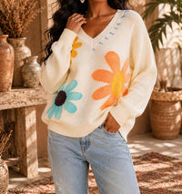 Little Secret Of Mine - Long Sleeve Elegant V-neck Floral Sweater