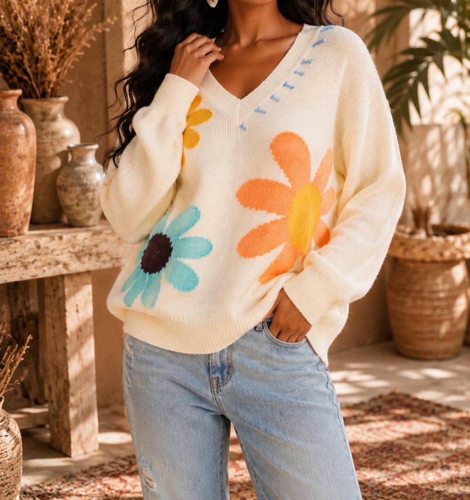 Little Secret Of Mine - Long Sleeve Elegant V-neck Floral Sweater