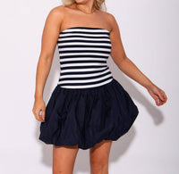 Mable - Nautical Striped Strapless Bubble Mini Dress